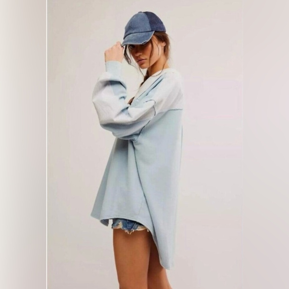 NWT Free People Madeleine Polo Sweatshirt Med Winter Sky Blue $148 Retail Cotton - Picture 2 of 11
